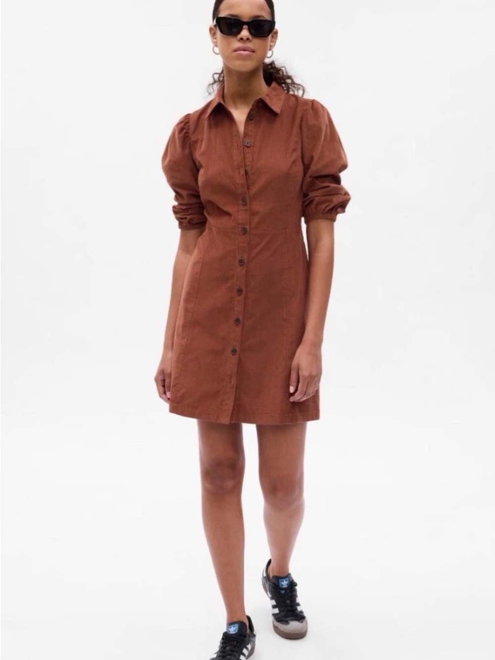 GAP Saddle Brown Corduroy Button-Front Puff Sleeve Mini Dress S 100% Cotton